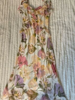 Taylor Floral Ruffle Spaghetti Strap Dress in White, Pink, Purple, Yellow